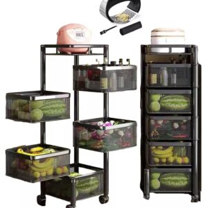 5-Tier Rotating Storage Rack, Fruit and Vegetable Cart, Fruit Basket for Kitchen, Pantry Storage Cart, Rotating Storage Rack, Rotating Storage Shelf, Fruit Rack with Wheels + Free Garlic Press Mincer