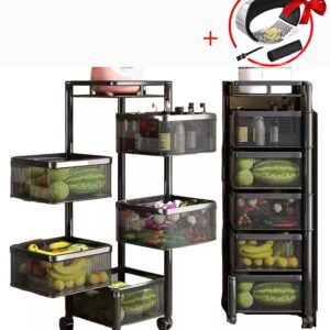 5-Tier Rotating Storage Rack, Fruit and Vegetable Cart, Fruit Basket for Kitchen, Pantry Storage Cart, Rotating Storage Rack, Rotating Storage Shelf, Fruit Rack with Wheels + Free Garlic Press Mincer