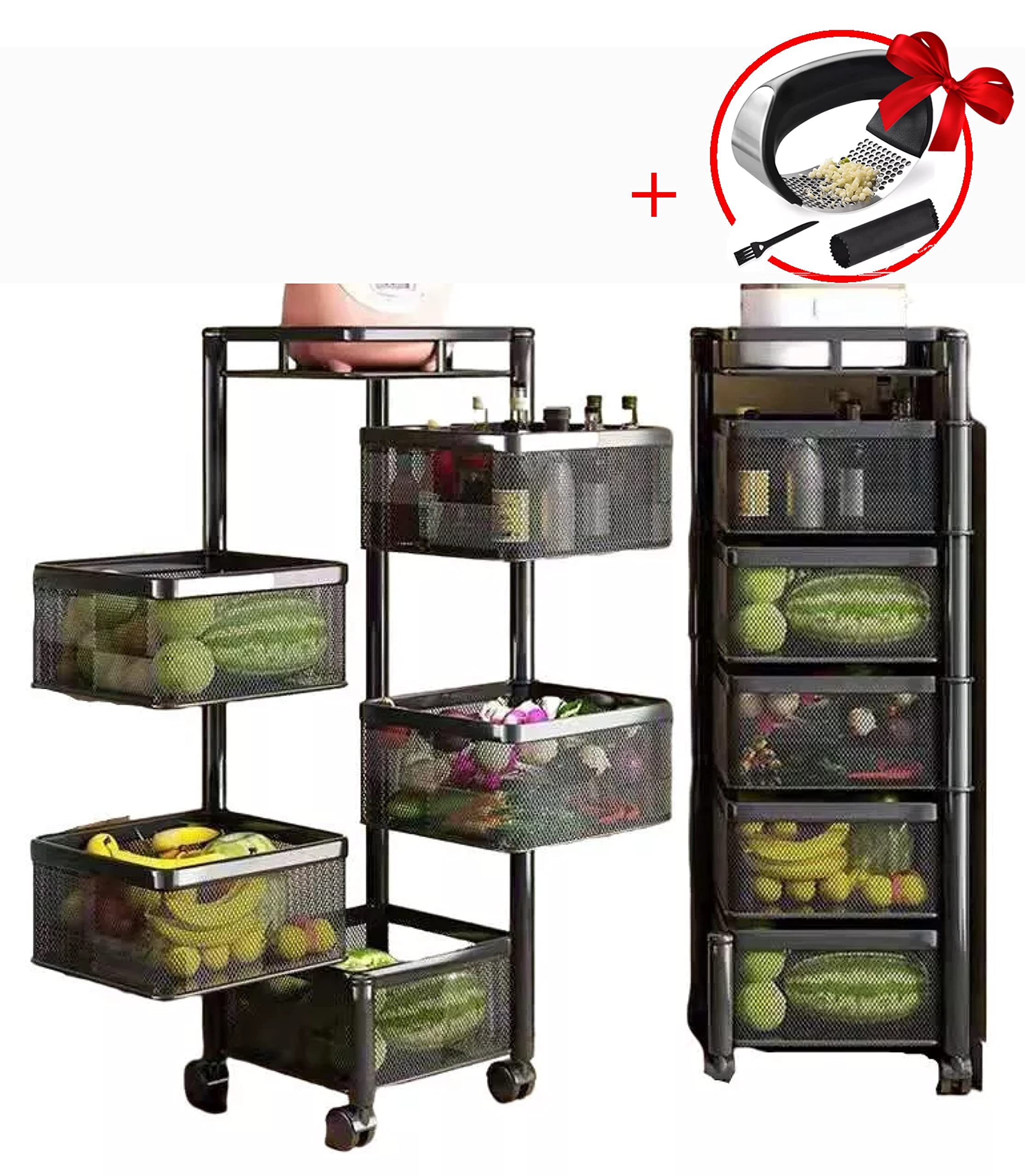 5-Tier Rotating Storage Rack, Fruit and Vegetable Cart, Fruit Basket for Kitchen, Pantry Storage Cart, Rotating Storage Rack, Rotating Storage Shelf, Fruit Rack with Wheels + Free Garlic Press Mincer