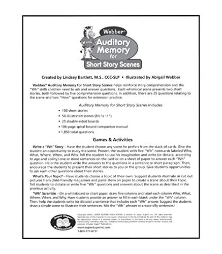 Super Duper Publications | Webber® Auditory Memory for Short Story Scenes | Target Story Comprehension and Answer Questions | Educational Learning Resource for Children