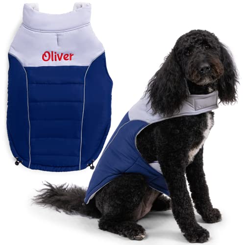 GoTags Personalized Dog Puffer Coat Vest, Cold Weather Puffy Jacket with Custom Embroidered Pet Name for Winter (Blue, Medium)