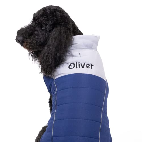 GoTags Personalized Dog Puffer Coat Vest, Cold Weather Puffy Jacket with Custom Embroidered Pet Name for Winter (Blue, Medium)
