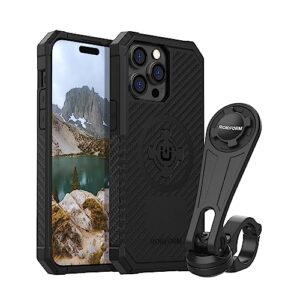 rokform - iphone 14 pro max rugged case + motorcycle handlebar phone mount (black)