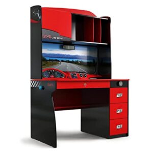 cilek study desk and hutch with cabinet ev car dashboard design, extra shelves, soft-close drawers, red