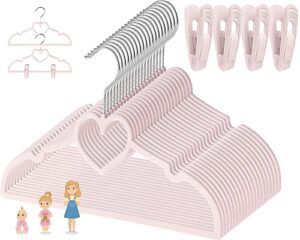 kids pink velvet clips hangers - 13inch 50 pack toddler hanger with 20pcs movable clips, stackable non-slip heart flocked hangers fit for baby and children clothes, heavy-duty and space-saving(silver)