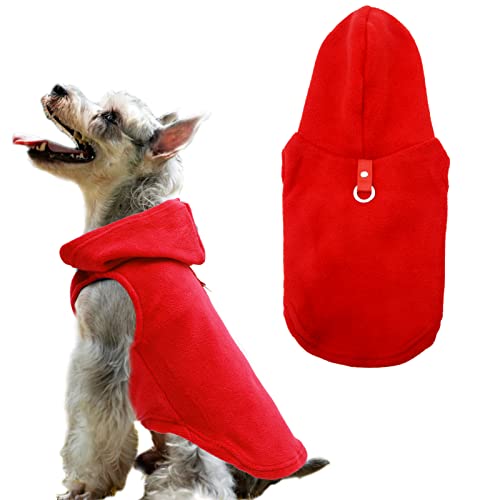 Dog Hoodie Pet Fleece Sweater with Hat Warm Soft Dogs Winter Coat Jacket with Leash Attachment for Small Medium Dogs Red Small