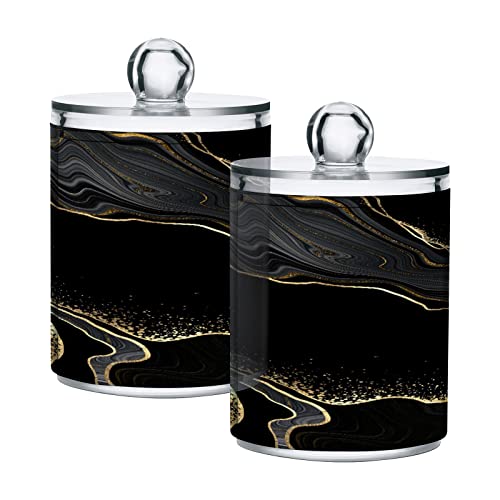 BOENLE 2 Pack Qtip Holder Dispenser Black White Golden Marble Bathroom Storage Canister Lid Acrylic Plastic Apothecary Jar Set Vanity Makeup Organizer for Cotton Swab/Ball/Pad/Floss