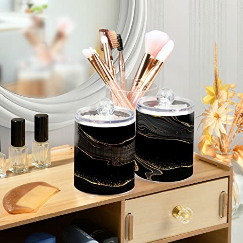 BOENLE 2 Pack Qtip Holder Dispenser Black White Golden Marble Bathroom Storage Canister Lid Acrylic Plastic Apothecary Jar Set Vanity Makeup Organizer for Cotton Swab/Ball/Pad/Floss