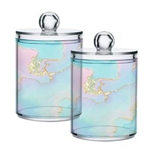 boenle 2 pack qtip holder dispenser unicron rainbow marble bathroom storage canister lid acrylic plastic apothecary jar set vanity makeup organizer for cotton swab/ball/pad/floss