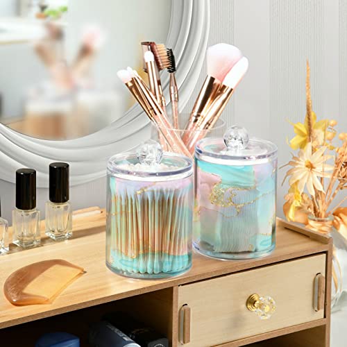 BOENLE 2 Pack Qtip Holder Dispenser Unicron Rainbow Marble Bathroom Storage Canister Lid Acrylic Plastic Apothecary Jar Set Vanity Makeup Organizer for Cotton Swab/Ball/Pad/Floss