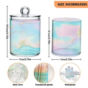 BOENLE 2 Pack Qtip Holder Dispenser Unicron Rainbow Marble Bathroom Storage Canister Lid Acrylic Plastic Apothecary Jar Set Vanity Makeup Organizer for Cotton Swab/Ball/Pad/Floss