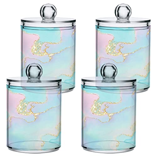 BOENLE 2 Pack Qtip Holder Dispenser Unicron Rainbow Marble Bathroom Storage Canister Lid Acrylic Plastic Apothecary Jar Set Vanity Makeup Organizer for Cotton Swab/Ball/Pad/Floss