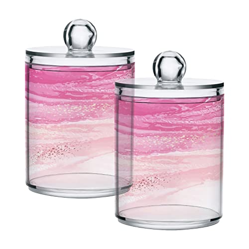 BOENLE 2 Pack Qtip Holder Dispenser Marble Pink Rose Gold Bathroom Storage Canister Lid Acrylic Plastic Apothecary Jar Set Vanity Makeup Organizer for Cotton Swab/Ball/Pad/Floss