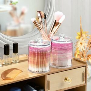 BOENLE 2 Pack Qtip Holder Dispenser Marble Pink Rose Gold Bathroom Storage Canister Lid Acrylic Plastic Apothecary Jar Set Vanity Makeup Organizer for Cotton Swab/Ball/Pad/Floss