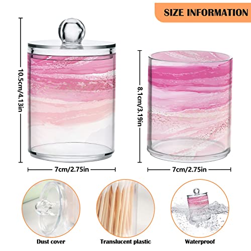 BOENLE 2 Pack Qtip Holder Dispenser Marble Pink Rose Gold Bathroom Storage Canister Lid Acrylic Plastic Apothecary Jar Set Vanity Makeup Organizer for Cotton Swab/Ball/Pad/Floss