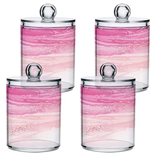 BOENLE 2 Pack Qtip Holder Dispenser Marble Pink Rose Gold Bathroom Storage Canister Lid Acrylic Plastic Apothecary Jar Set Vanity Makeup Organizer for Cotton Swab/Ball/Pad/Floss