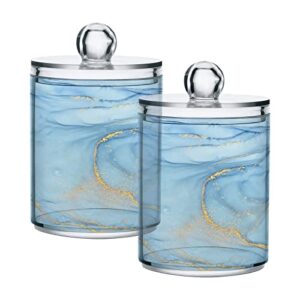boenle 2 pack qtip holder dispenser blue marble bathroom storage canister lid acrylic plastic apothecary jar set vanity makeup organizer for cotton swab/ball/pad/floss