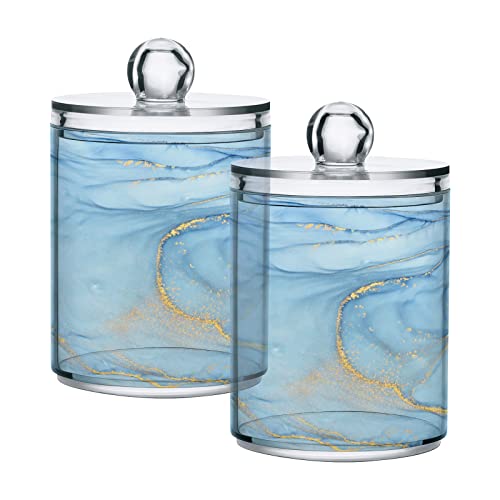 BOENLE 2 Pack Qtip Holder Dispenser Blue Marble Bathroom Storage Canister Lid Acrylic Plastic Apothecary Jar Set Vanity Makeup Organizer for Cotton Swab/Ball/Pad/Floss