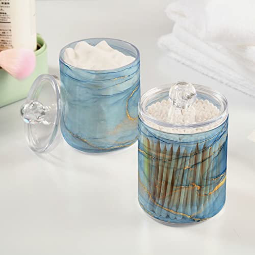 BOENLE 2 Pack Qtip Holder Dispenser Blue Marble Bathroom Storage Canister Lid Acrylic Plastic Apothecary Jar Set Vanity Makeup Organizer for Cotton Swab/Ball/Pad/Floss