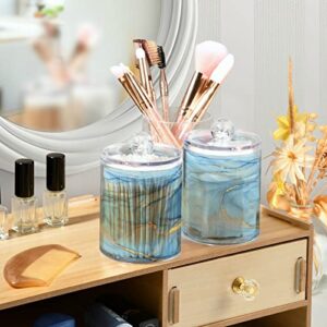 BOENLE 2 Pack Qtip Holder Dispenser Blue Marble Bathroom Storage Canister Lid Acrylic Plastic Apothecary Jar Set Vanity Makeup Organizer for Cotton Swab/Ball/Pad/Floss