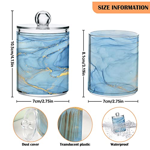 BOENLE 2 Pack Qtip Holder Dispenser Blue Marble Bathroom Storage Canister Lid Acrylic Plastic Apothecary Jar Set Vanity Makeup Organizer for Cotton Swab/Ball/Pad/Floss