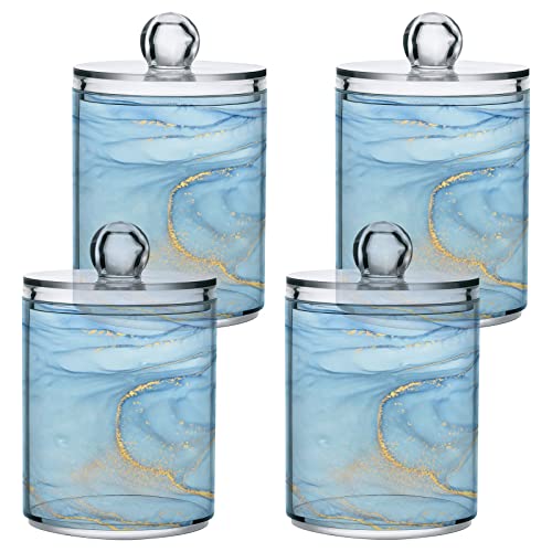 BOENLE 2 Pack Qtip Holder Dispenser Blue Marble Bathroom Storage Canister Lid Acrylic Plastic Apothecary Jar Set Vanity Makeup Organizer for Cotton Swab/Ball/Pad/Floss