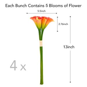 Softflame Artificial/Fake/Faux Flowers - Calla Lily Bunches Orange Color, Pack of 4, Totally 20 Heads, for Wedding, Home, Party, Restaurant