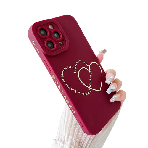 ankofave for iPhone 13 Pro Max Case for Women Girls Cute, Gold Plated Letter Double Heart Case Soft Shockproof, Full Camera Lens Protective Phone Cases, 6.7 inch- Red Wine