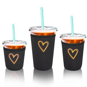 fycyko iced coffee sleeves reusable insulator for cold& hot drink cups-3 pack love heart cute neoprene iced coffee beverages cup sleeve,compatible with starbucks dunkin mcdonalds more-black