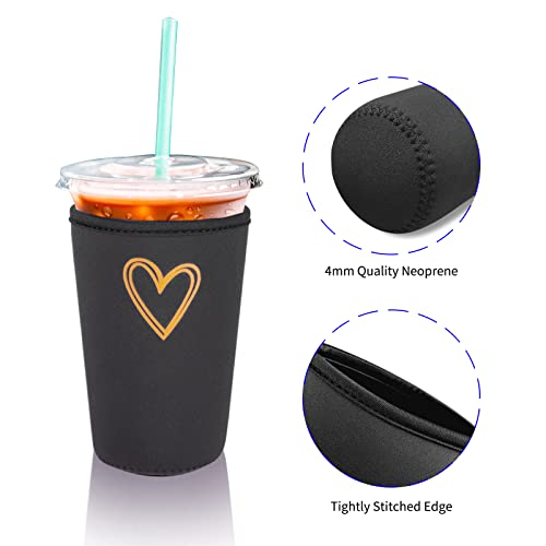 Fycyko Iced Coffee Sleeves Reusable Insulator for Cold& Hot Drink Cups-3 Pack Love Heart Cute Neoprene Iced Coffee Beverages Cup Sleeve,Compatible with Starbucks Dunkin McDonalds More-Black