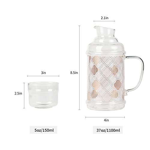 WONDER NEST Glass Pitcher with Lid - Bedside Water Carafe with Tumbler, Berverage Serveware Iced Tea Juice Milk Jug with Cup for Home Bedroom Nightstand (Coral Pattern)