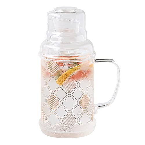 WONDER NEST Glass Pitcher with Lid - Bedside Water Carafe with Tumbler, Berverage Serveware Iced Tea Juice Milk Jug with Cup for Home Bedroom Nightstand (Coral Pattern)