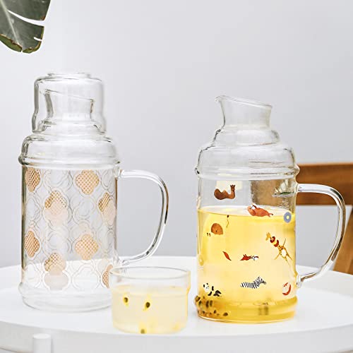 WONDER NEST Glass Pitcher with Lid - Bedside Water Carafe with Tumbler, Berverage Serveware Iced Tea Juice Milk Jug with Cup for Home Bedroom Nightstand (Coral Pattern)