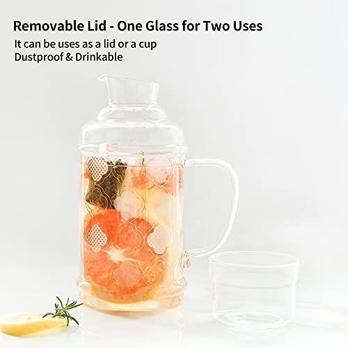 WONDER NEST Glass Pitcher with Lid - Bedside Water Carafe with Tumbler, Berverage Serveware Iced Tea Juice Milk Jug with Cup for Home Bedroom Nightstand (Coral Pattern)