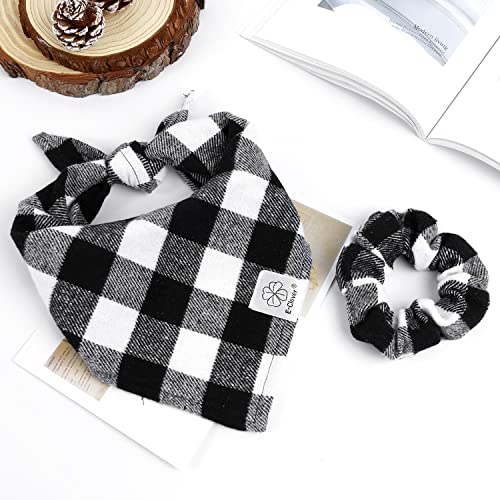 E-Clover Dog Bandanas & Matching Scrunchie Set Black White Triangle Scarf Bib for Medium Large Dogs Puppy Boy Girl Pet Owner Costume