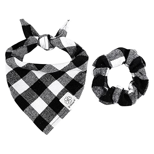 E-Clover Dog Bandanas & Matching Scrunchie Set Black White Triangle Scarf Bib for Medium Large Dogs Puppy Boy Girl Pet Owner Costume