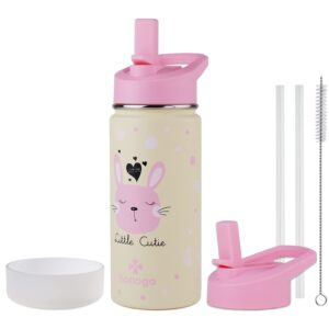 honogo 16 oz Stainless Steel Insulated Kids Water Bottle, Leak Proof Metal Thermos Flask with Straw lid, Cute Toddler Tumbler Cup for School Girls & Boys (Pink, Bunny)