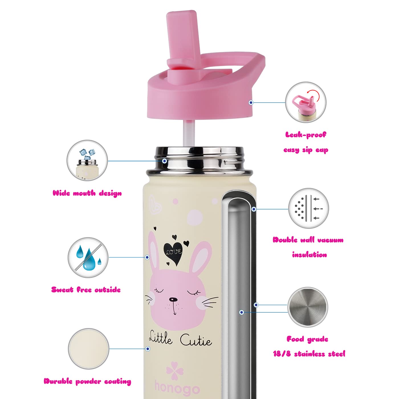 honogo 16 oz Stainless Steel Insulated Kids Water Bottle, Leak Proof Metal Thermos Flask with Straw lid, Cute Toddler Tumbler Cup for School Girls & Boys (Pink, Bunny)