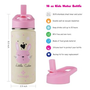 honogo 16 oz Stainless Steel Insulated Kids Water Bottle, Leak Proof Metal Thermos Flask with Straw lid, Cute Toddler Tumbler Cup for School Girls & Boys (Pink, Bunny)