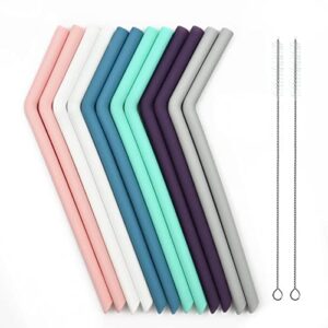 elyum set of 12 reusable silicone straws, 10'' extra long silicone drinking straws with 1 bag and 2 cleaning brushes multicolor bpa free smoothie straw for 30oz and 20oz tumblers (12 bent)