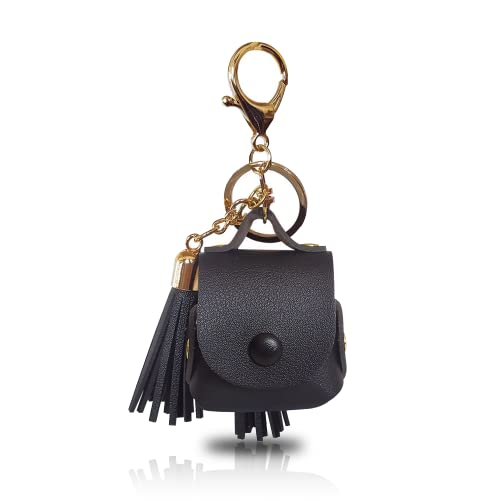 Hyltlin Case for AirPods 1&2, PU Leather Cute Kawaii Tassel Holster Design Shockproof AirPods Charging Case with Metal Keychain for Men Women Kids Teens Boys Girls (Black)