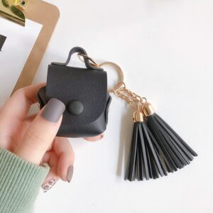 Hyltlin Case for AirPods 1&2, PU Leather Cute Kawaii Tassel Holster Design Shockproof AirPods Charging Case with Metal Keychain for Men Women Kids Teens Boys Girls (Black)