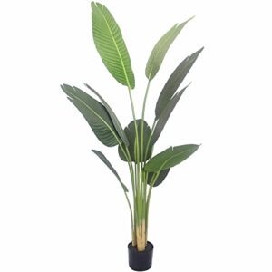 softflame 5ft bird of paradise palm artificial tree, tropical plants in pot, real touch technology, artificial plant with 3 trunks, perfect for home office indoor decoration