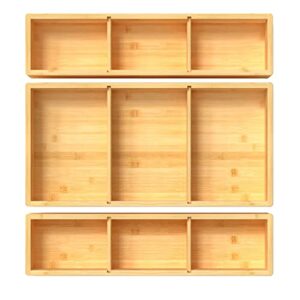 dujen bamboo drawer organizer box 12'' x 12'' x 2' adjustable 3 individual storage containers organizer for kitchen, bathroom, office desk, makeup,vanity, dresser, pantry