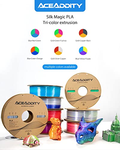 Aceaddity Silk Magic PLA 3D Printer Filament, Multi-Colour Tri-Extrusion 1.75mm 3D Printing PLA Filament, Shiny Silk Coextruded PLA, Dimensional Accuracy +/- 0.03 mm, 1kg/2.2lbs (Blue-Purple-Yellow)