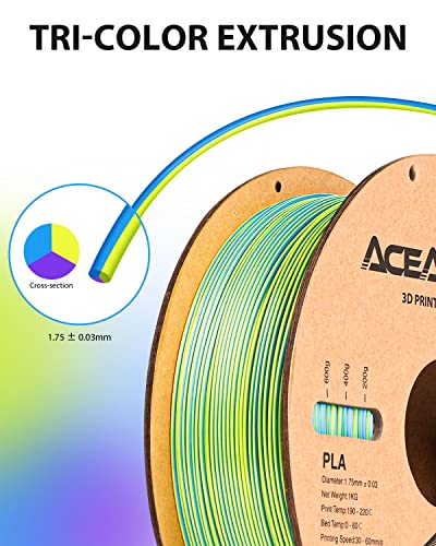 Aceaddity Silk Magic PLA 3D Printer Filament, Multi-Colour Tri-Extrusion 1.75mm 3D Printing PLA Filament, Shiny Silk Coextruded PLA, Dimensional Accuracy +/- 0.03 mm, 1kg/2.2lbs (Blue-Purple-Yellow)