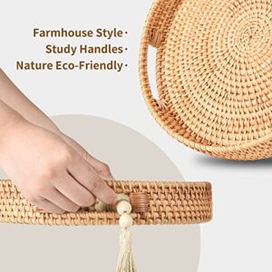 Decorative Round Basket Tray Rattan Woven Serving Tray Natural Hand-Woven Centerpiece Basket with Handles and Wood Bead Garland for Christmas Home Decor Coffee Table Fruit Bread Serving 11.8 inch
