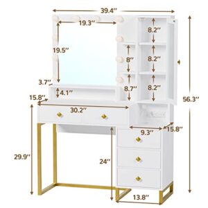 Tiptiper Makeup Vanity with Charging Station, Mirror with Lights and Table Set, Large Vanity Desk with Storage Shelves, 5 Drawers, Modern Vanity Table with Nightstand, White and Gold