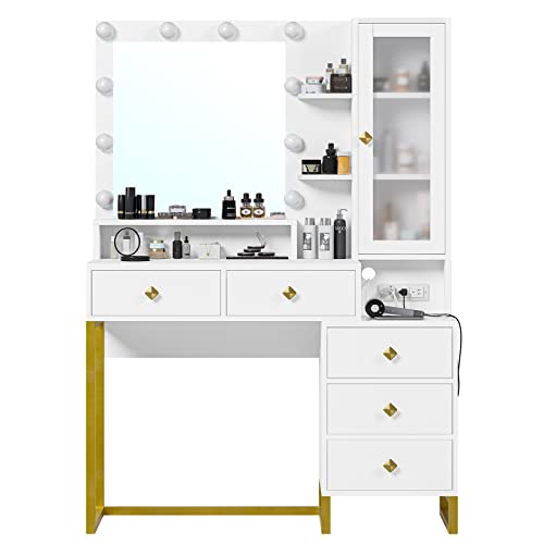 Tiptiper Makeup Vanity with Charging Station, Mirror with Lights and Table Set, Large Vanity Desk with Storage Shelves, 5 Drawers, Modern Vanity Table with Nightstand, White and Gold