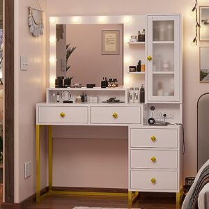 tiptiper makeup vanity with charging station, mirror with lights and table set, large vanity desk with storage shelves, 5 drawers, modern vanity table with nightstand, white and gold